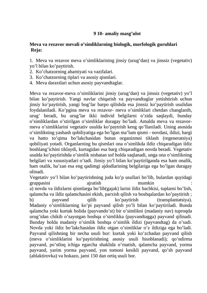 Meva va rezavor mevali o’simliklarning biologik, morfologik guruhlari