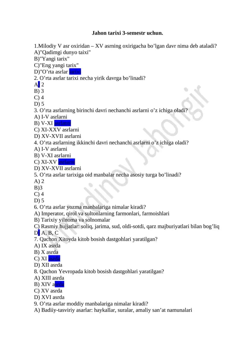 Jahon tarixi 3-semestr
