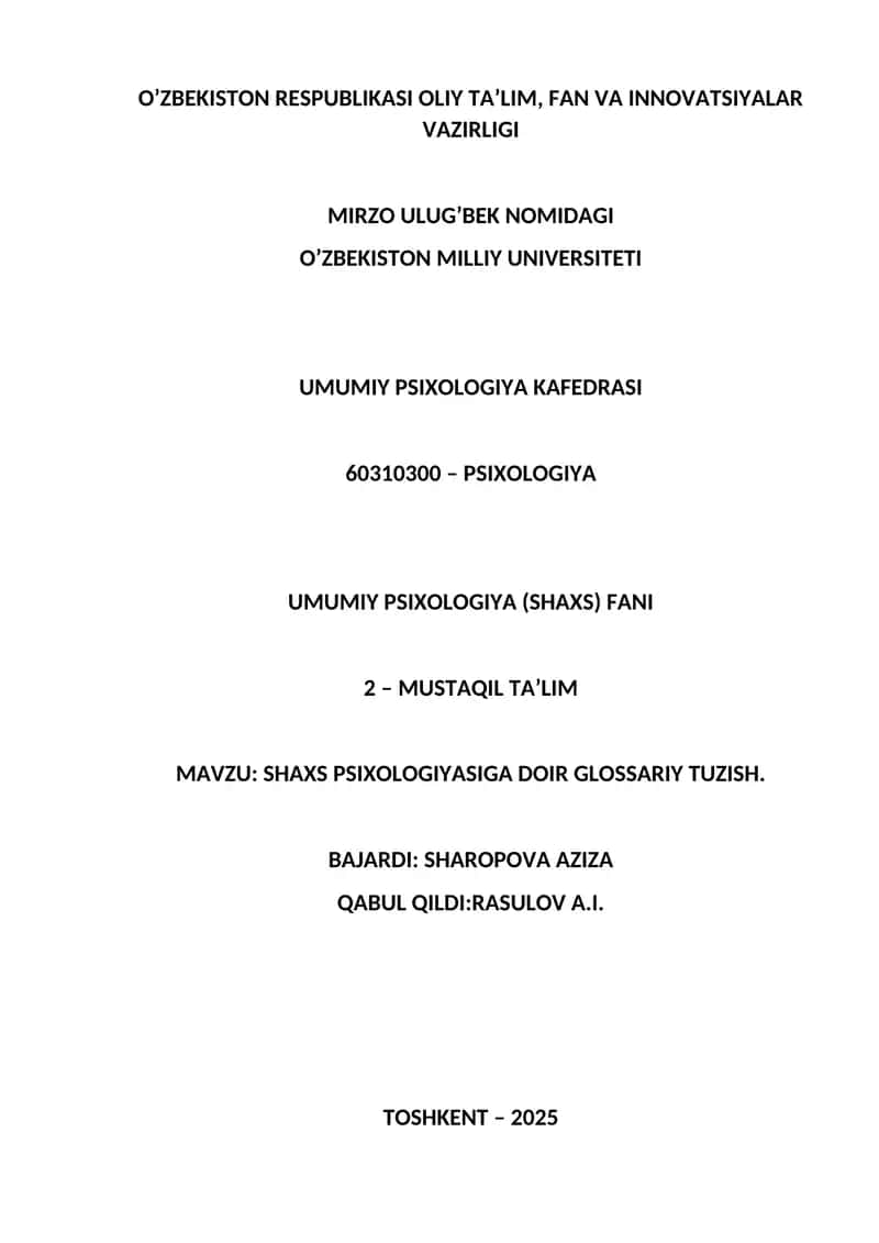SHAXS PSIXOLOGIYASIGA DOIR GLOSSARIY