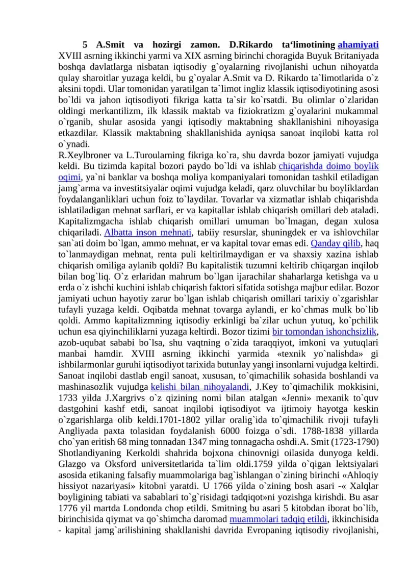 A.Smit va hozirgi zamon. D.Rikardo taʻlimotiningahamiyati