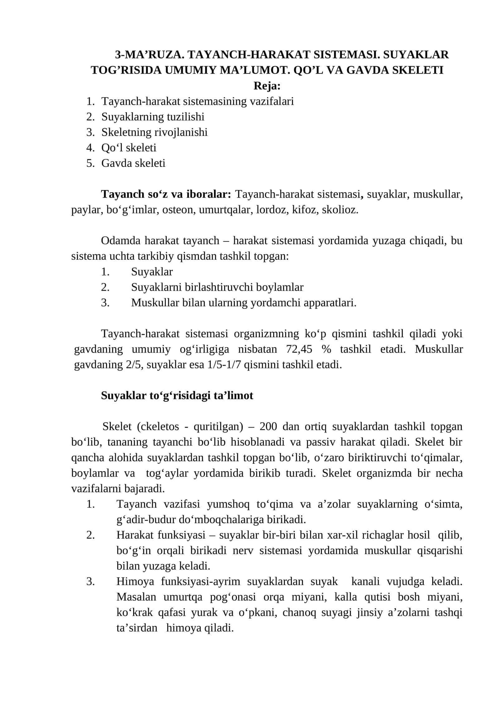 TAYANCH-HARAKAT SISTEMASI. SUYAKLAR TOG’RISIDA UMUMIY MA’LUMOT