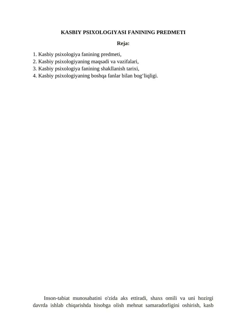 Kasbiy psixologiyasi fanining predmeti