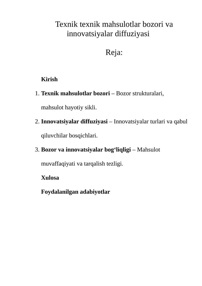 Texnik texnik mahsulotlar bozori va innovatsiyalar diffuziyasi