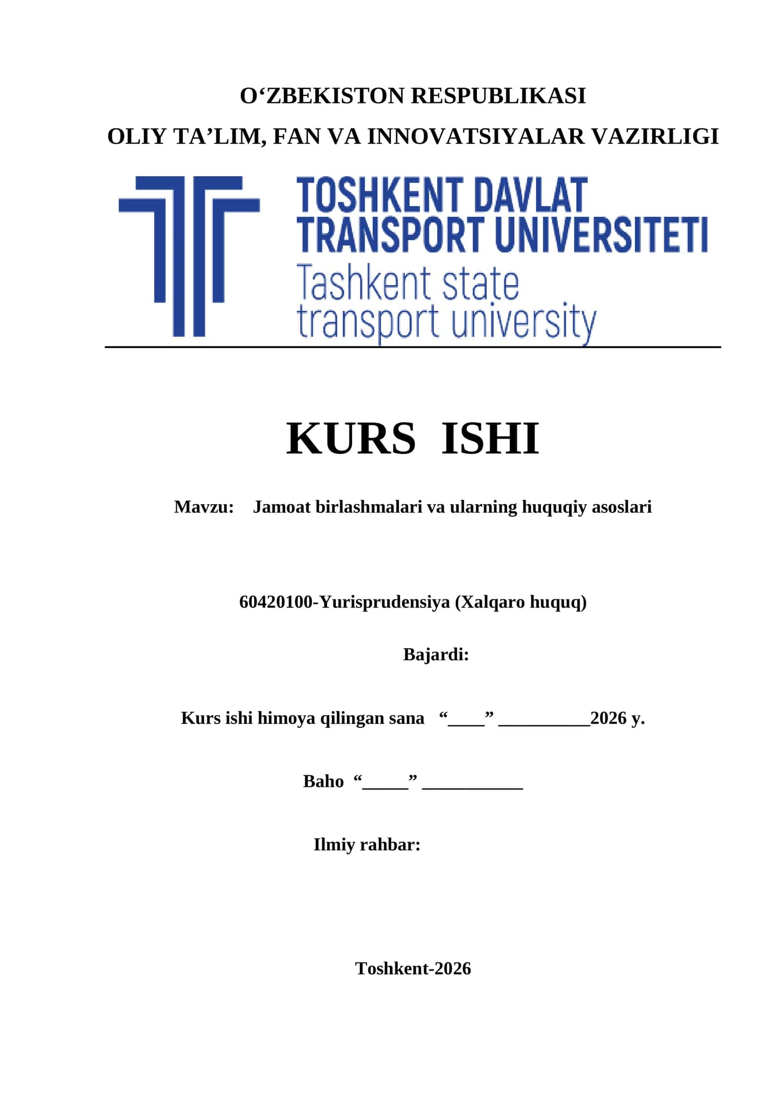 Jamoat birlashmalari va ularning huquqiy asoslari kurs ishi