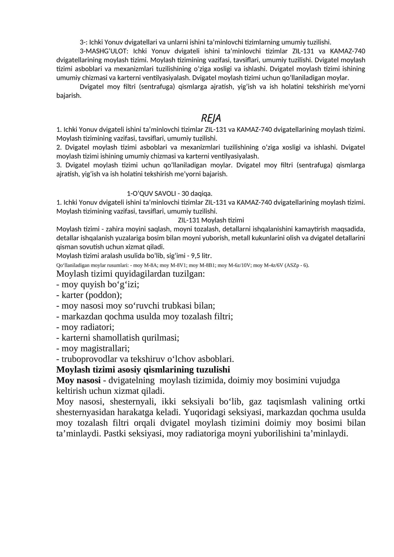 Ichki Yonuv dvigatellari va unlarni ishini ta’minlovchi tizimlarning umumiy tuzilishi