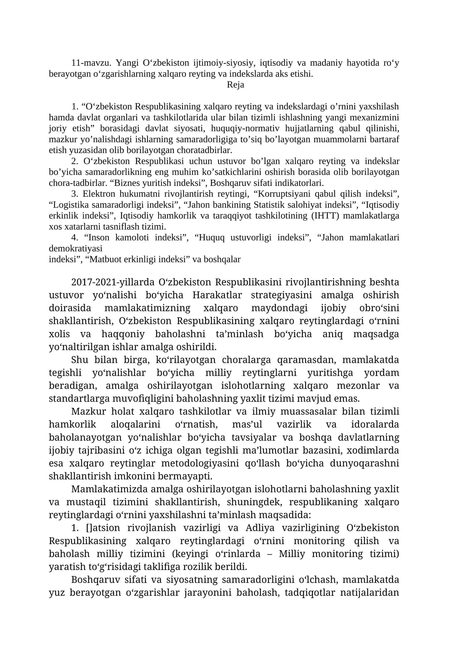Yangi O‘zbekiston ijtimoiy-siyosiy, iqtisodiy va madaniy hayotidagi o‘zgarishlar