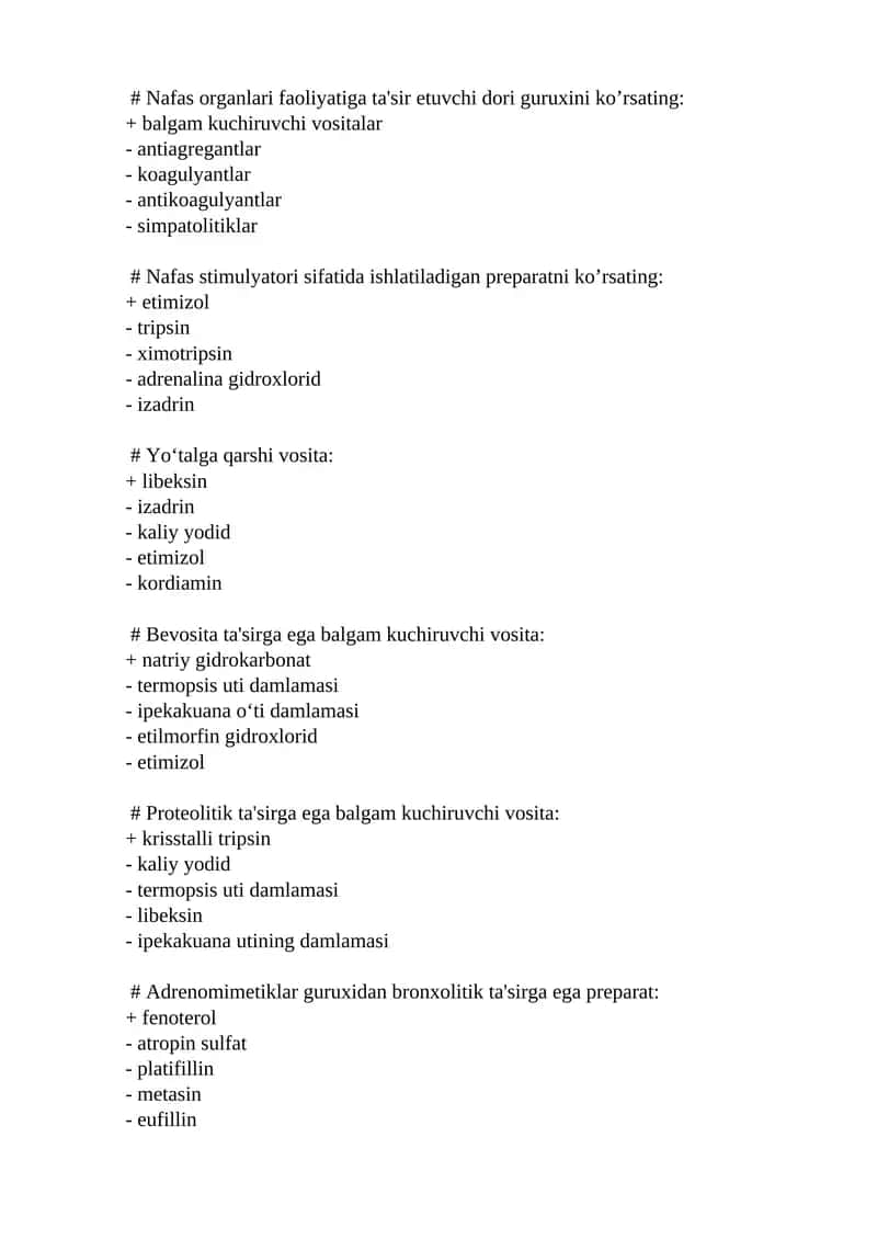 Nafas organlari faoliyatiga ta'sir etuvchi dori guruxi