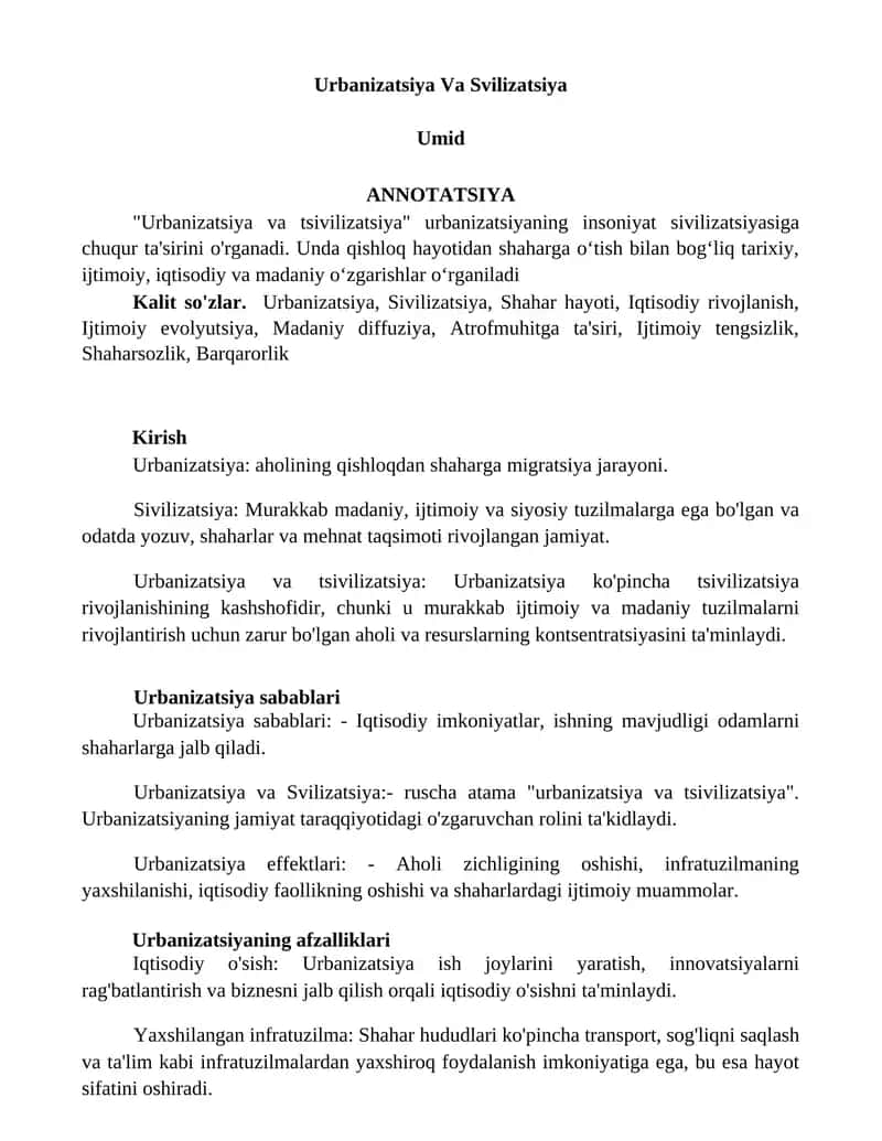 Urbanizatsiya Va Sivilizatsiya