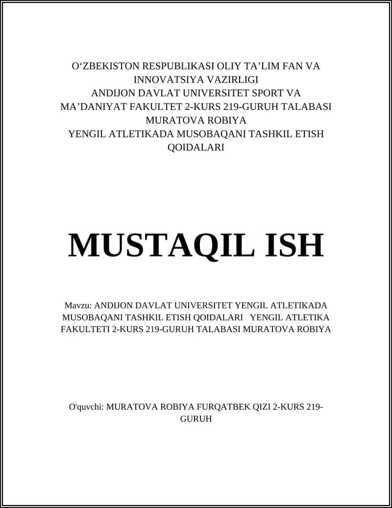 ANDIJON DAVLAT UNIVERSITET YENGIL ATLETIKADA MUSOBAQANI TASHKIL ETISH QOIDALARI