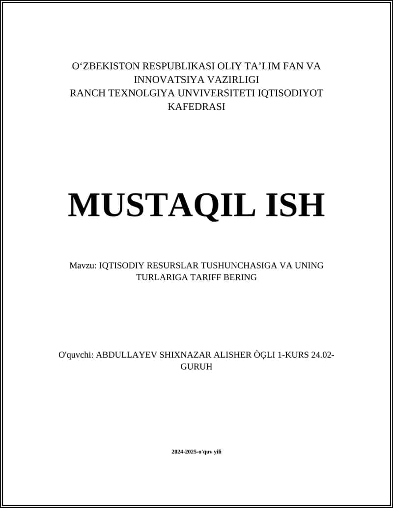 Iqtisodiy Resurslar Tushunchasi