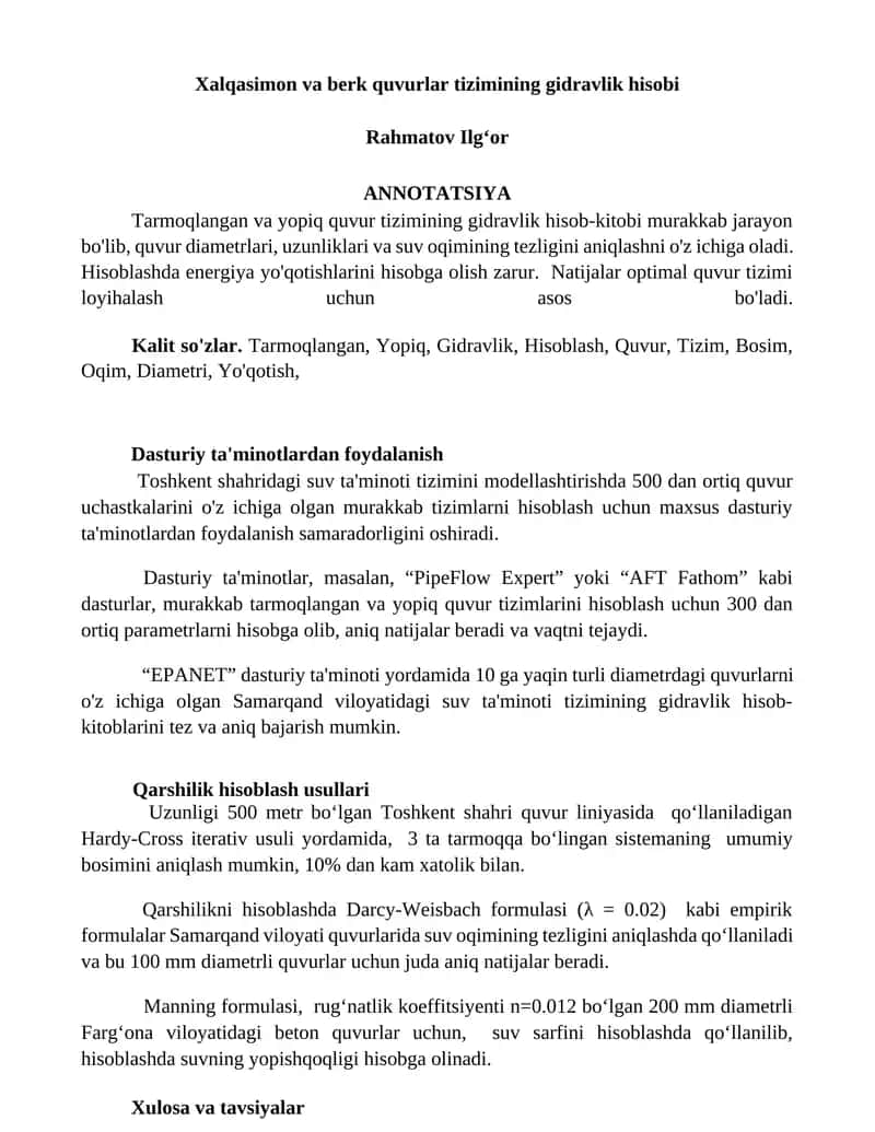 Xalqasimon va berk quvurlar tizimining gidravlik hisobi