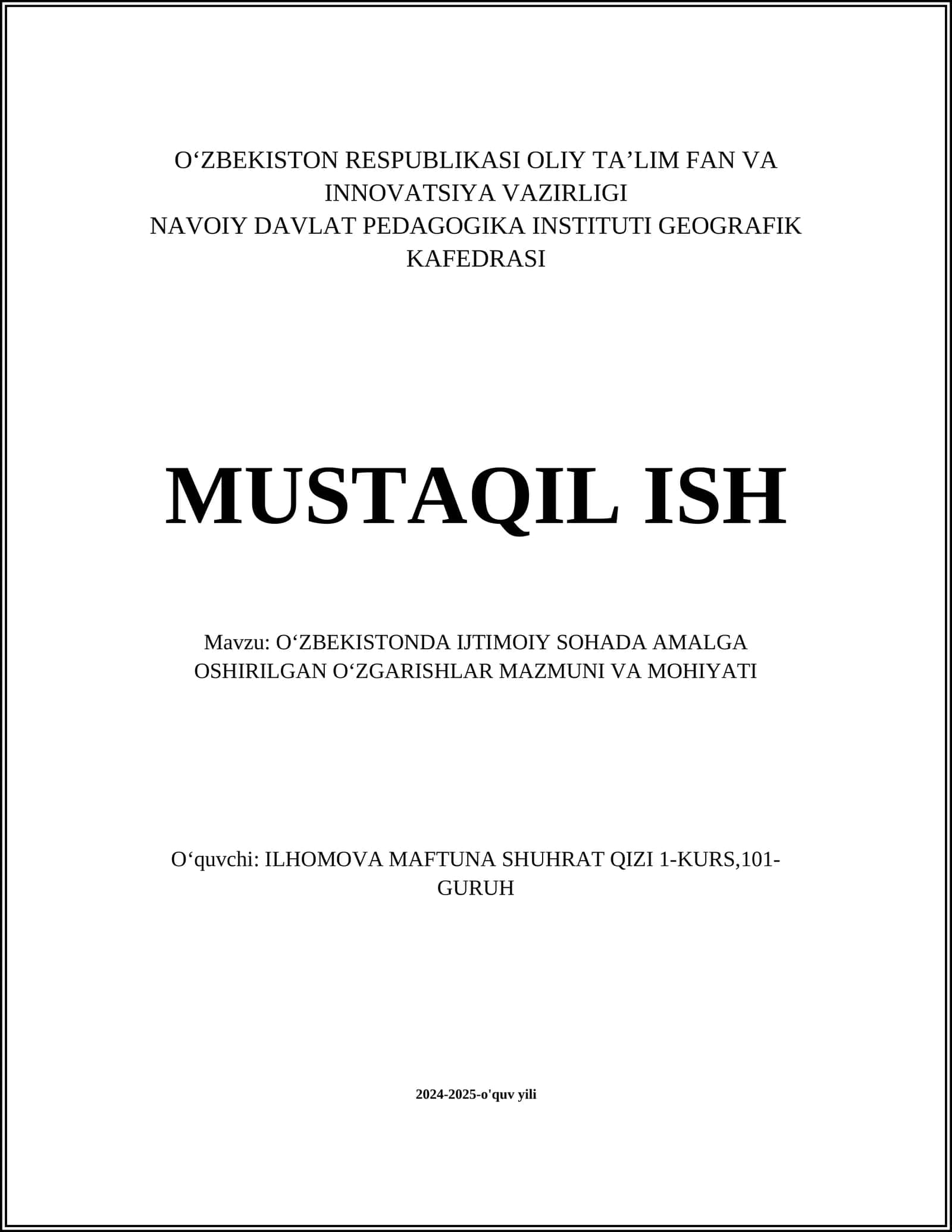OʻZBEKISTONDA IJTIMOIY SOHADA AMALGA OSHIRILGAN OʻZGARISHLAR MAZMUNI VA MOHIYATI