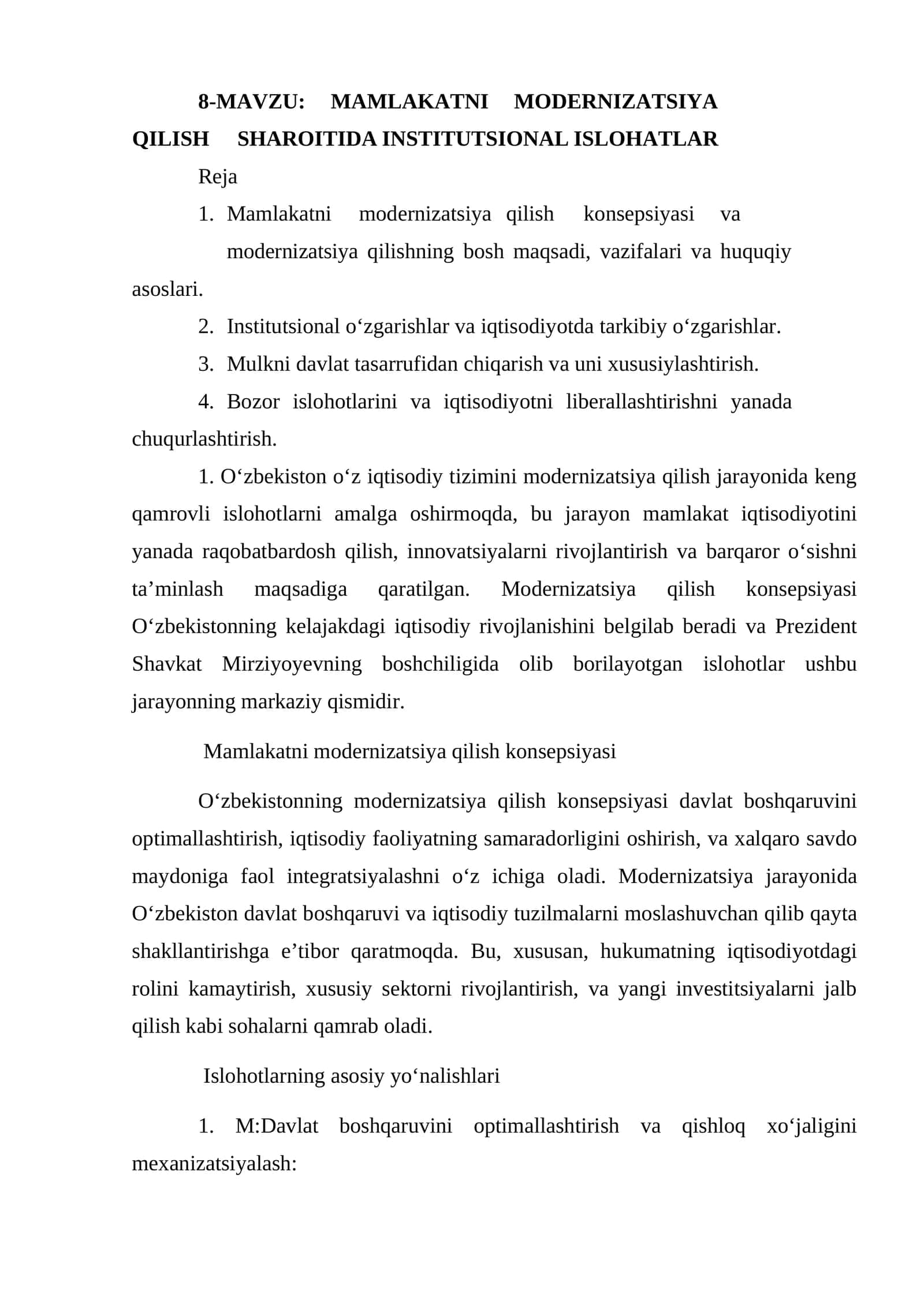 MAMLAKATNI MODERNIZATSIYA QILISH SHAROITIDA INSTITUTSIONAL ISLOHATLAR