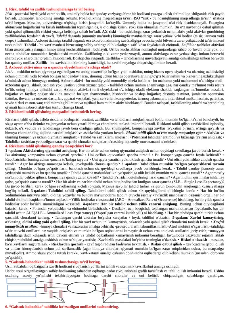 Risk, tahdid va zaiflik tushunchalariga ta’rif bering