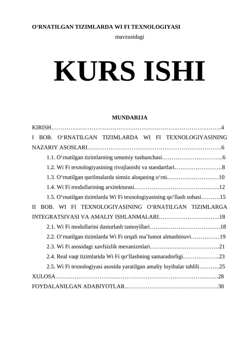 O‘RNATILGAN TIZIMLARDA WI FI TEXNOLOGIYASI