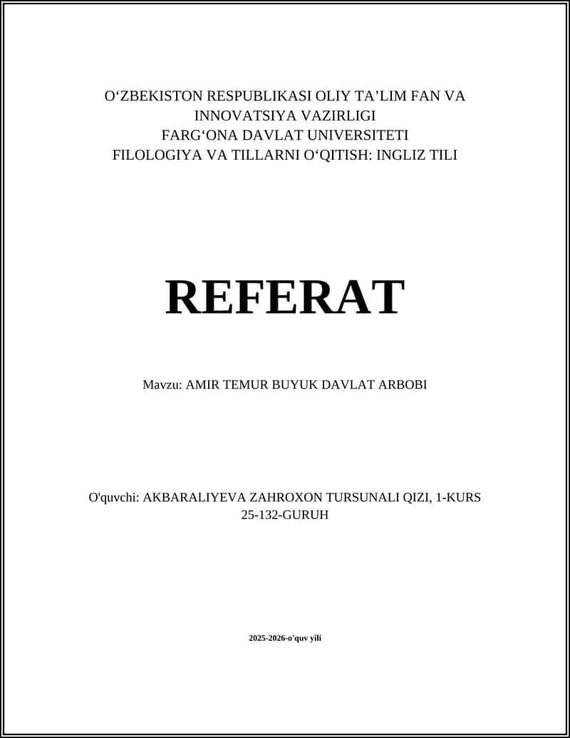 AMIR TEMUR BUYUK DAVLAT ARBOBI
