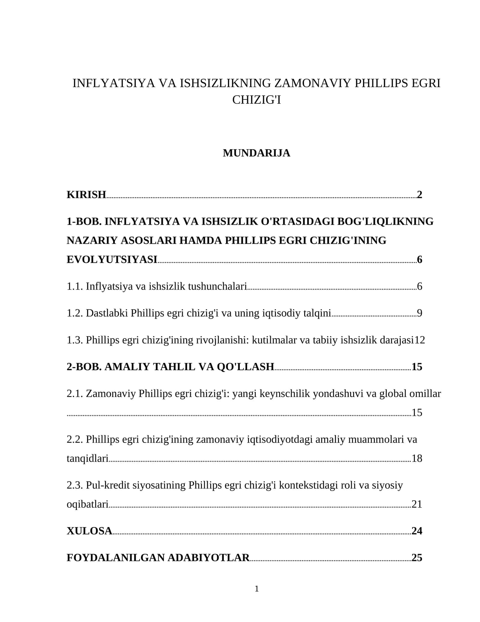 INFLYATSIYA VA ISHSIZLIKNING ZAMONAVIY PHILLIPS EGRI CHIZIG'I