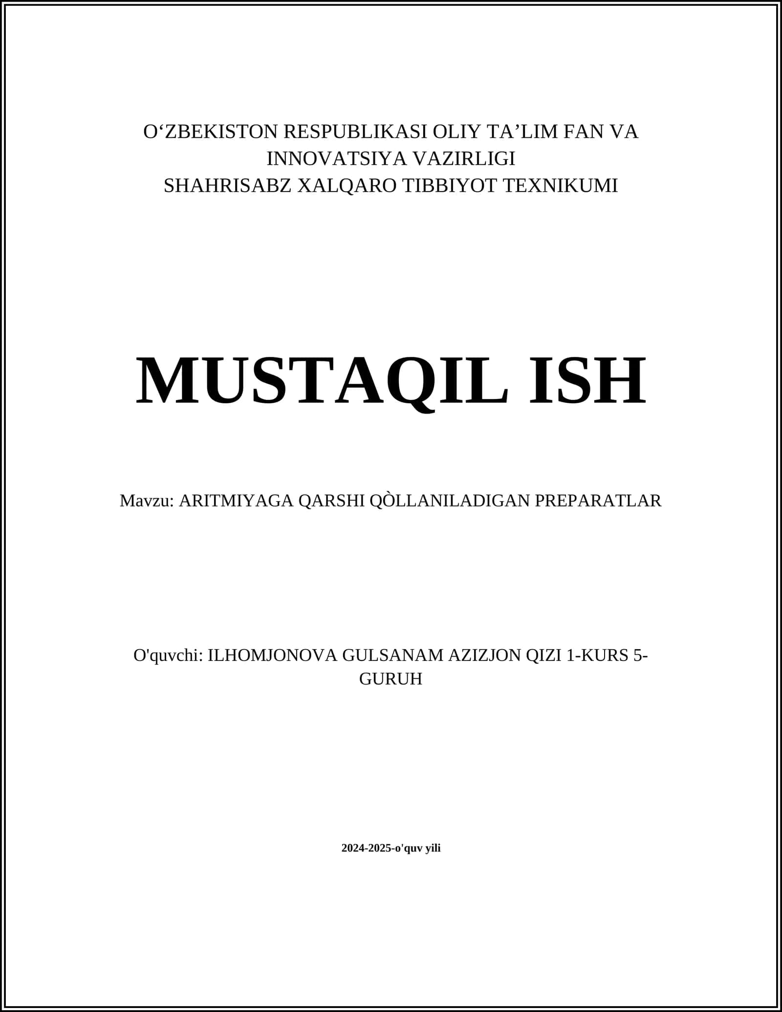 ARITMIYAGA QARSHI QÒLLANILADIGAN PREPARATLAR