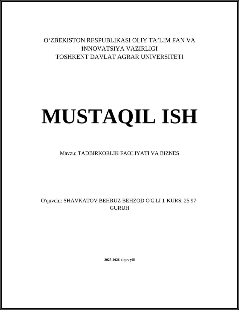 TADBIRKORLIK FAOLIYATI VA BIZNES
