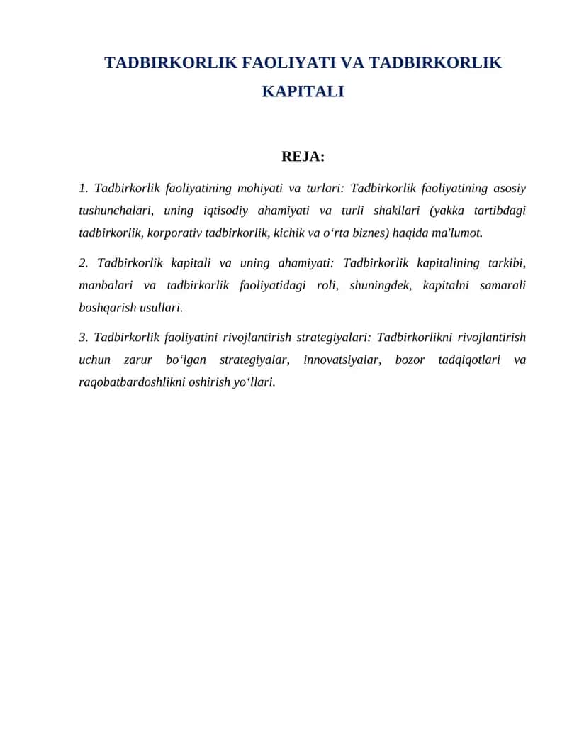 TADBIRKORLIK FAOLIYATI VA TADBIRKORLIK KAPITALI