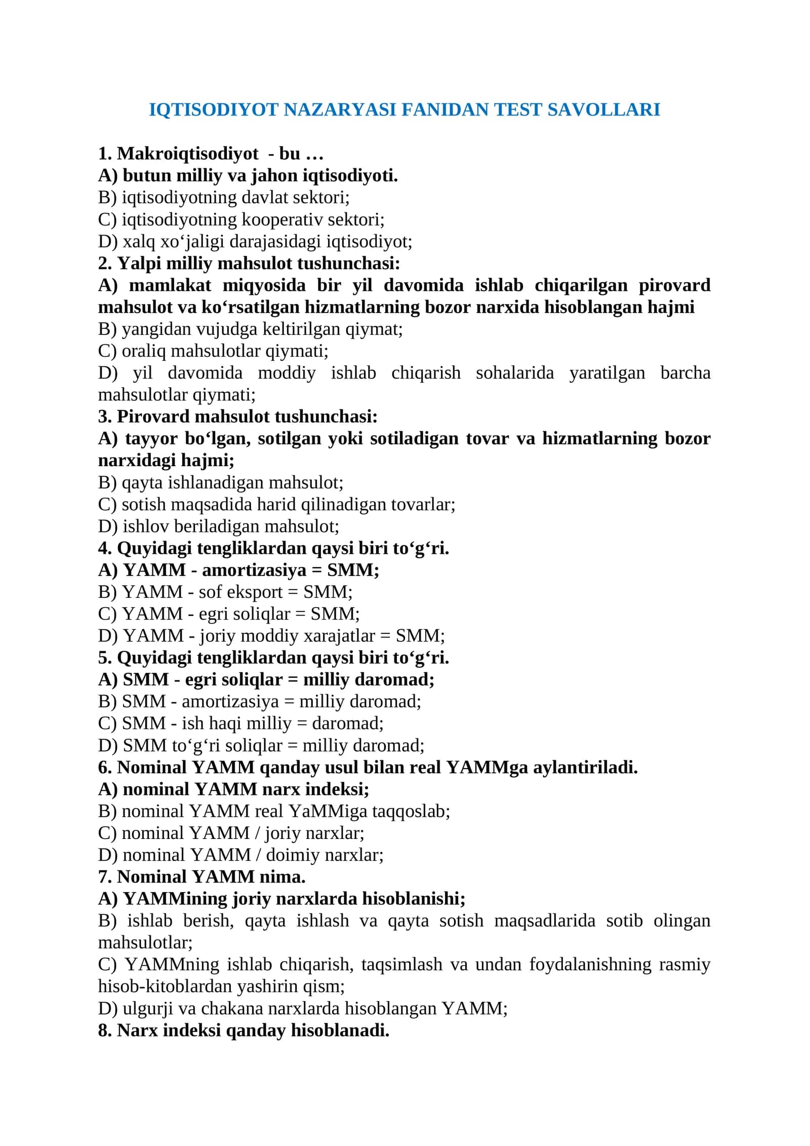 IQTISODIYOT NAZARYASI FANIDAN TEST SAVOLLARI 2026 YIL