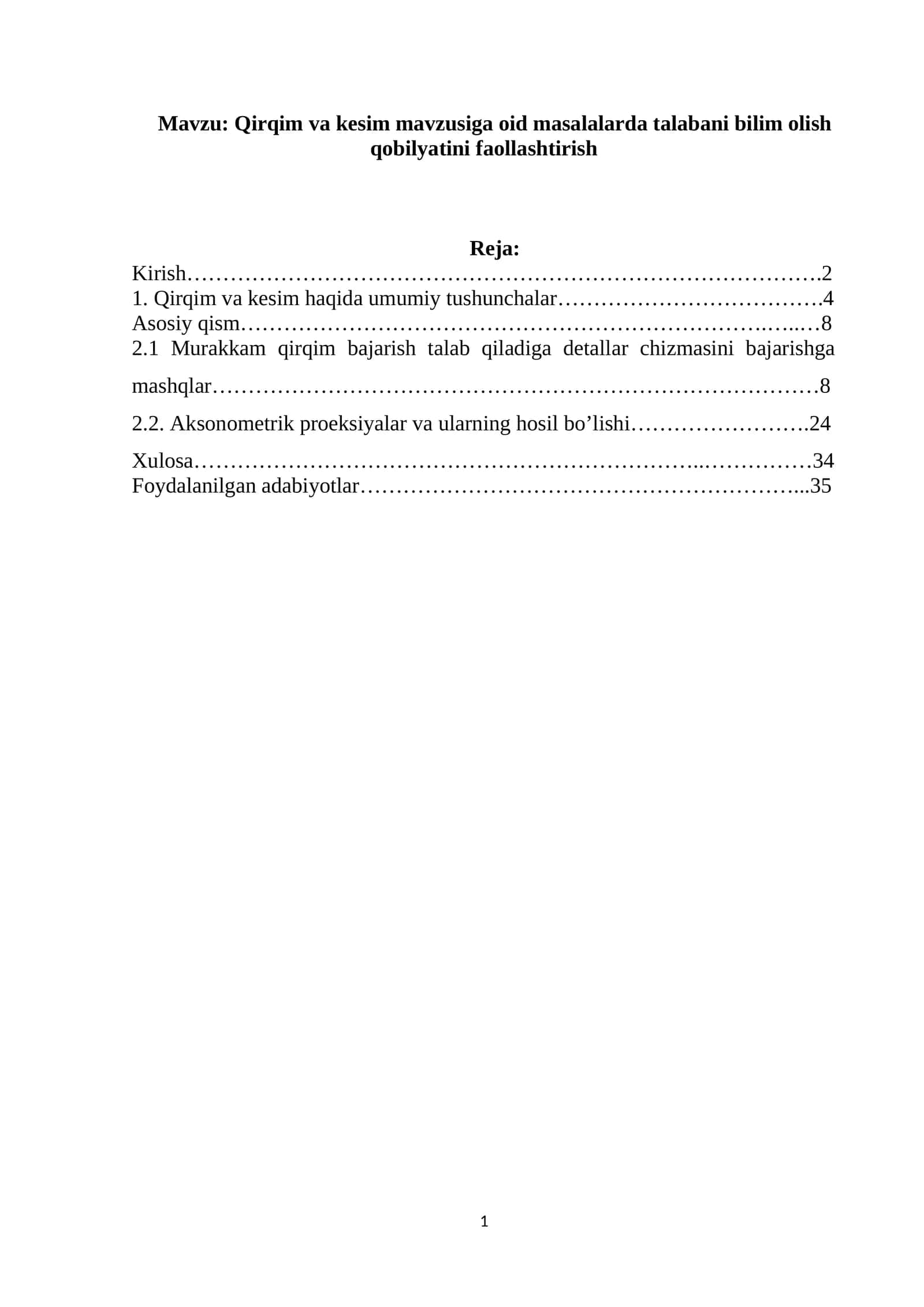 Qirqim va kesim mavzusiga oid masalalar