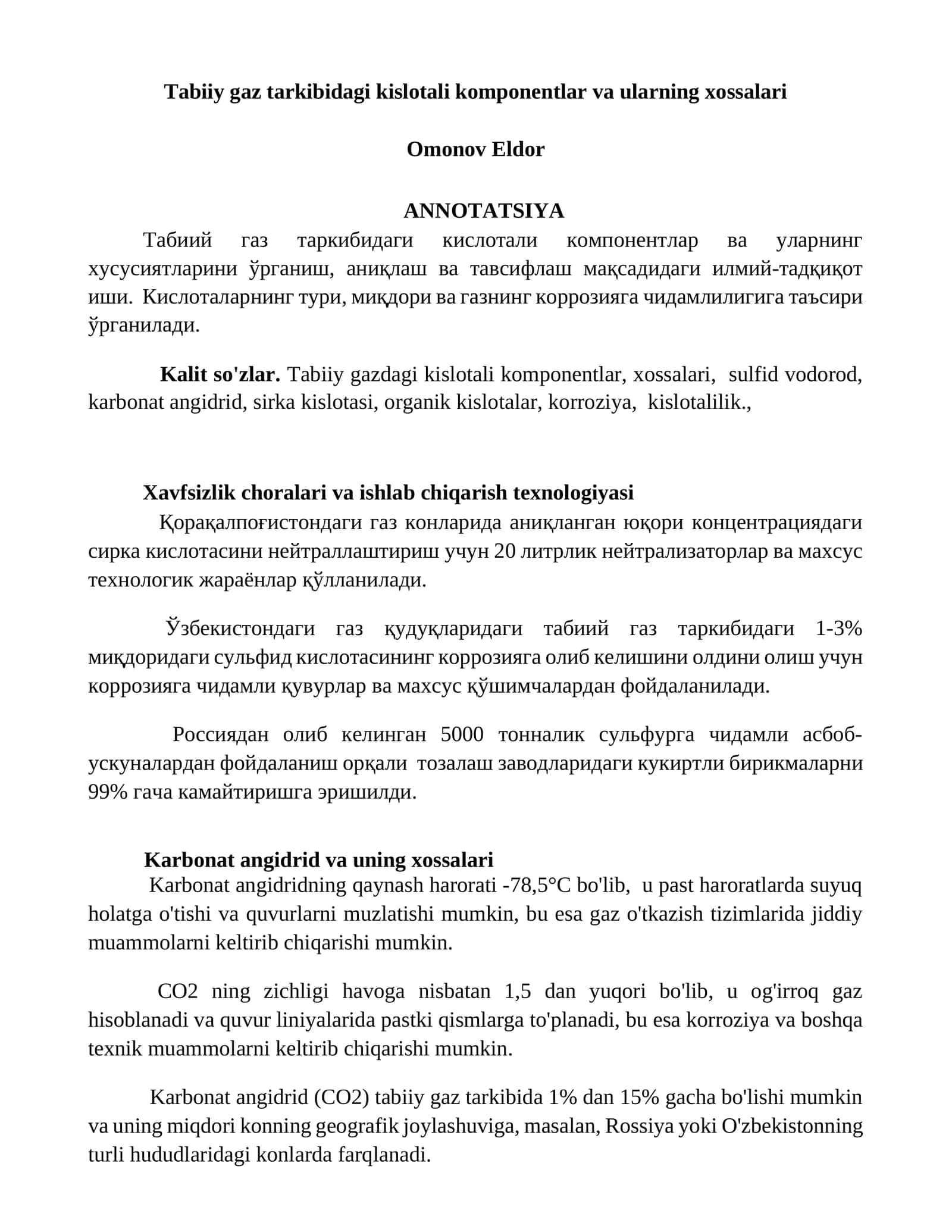 Табиий газ таркибидаги кислотали компонентлар ва ularning xossalari