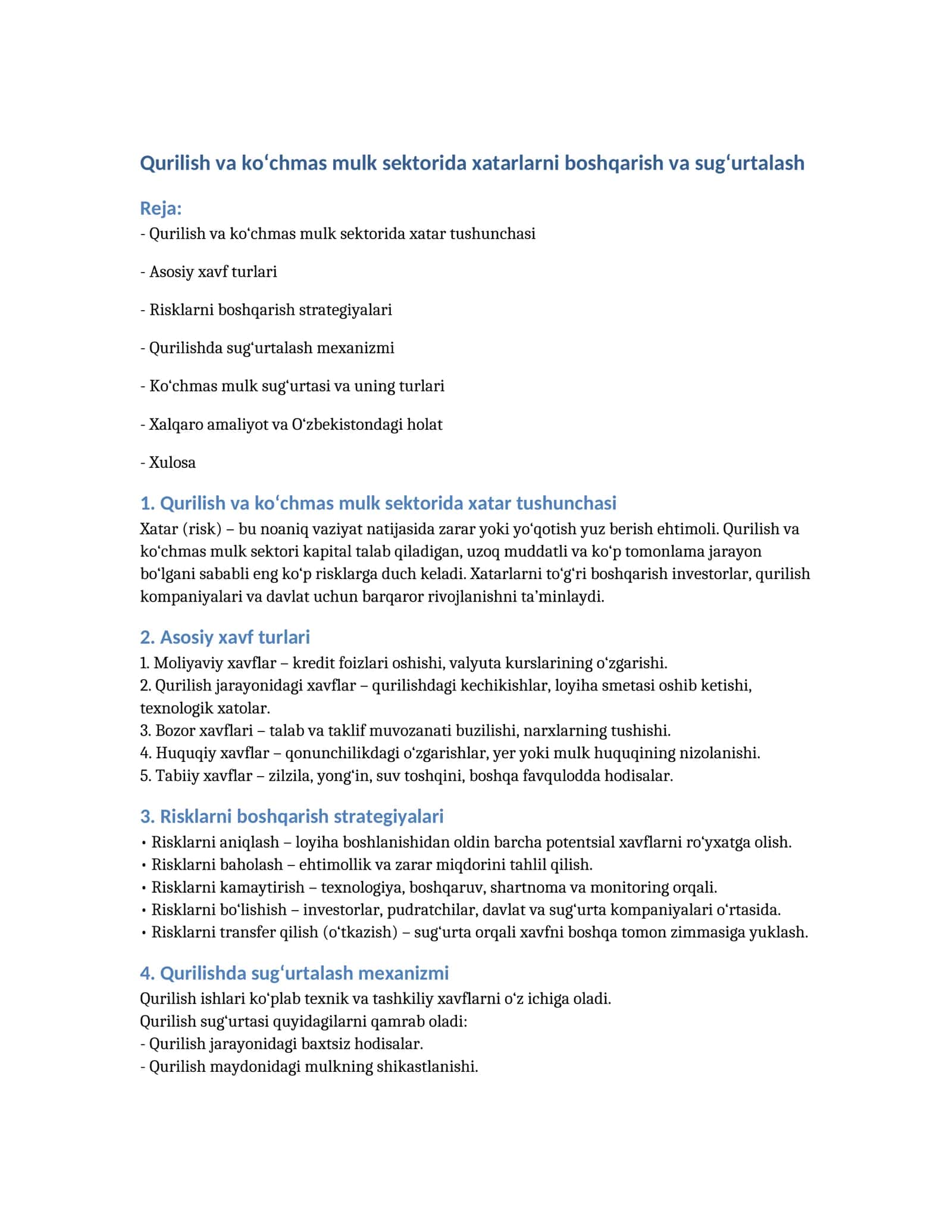 Qurilish va ko‘chmas mulk sektorida xatarlarni boshqarish va sug‘urtalash