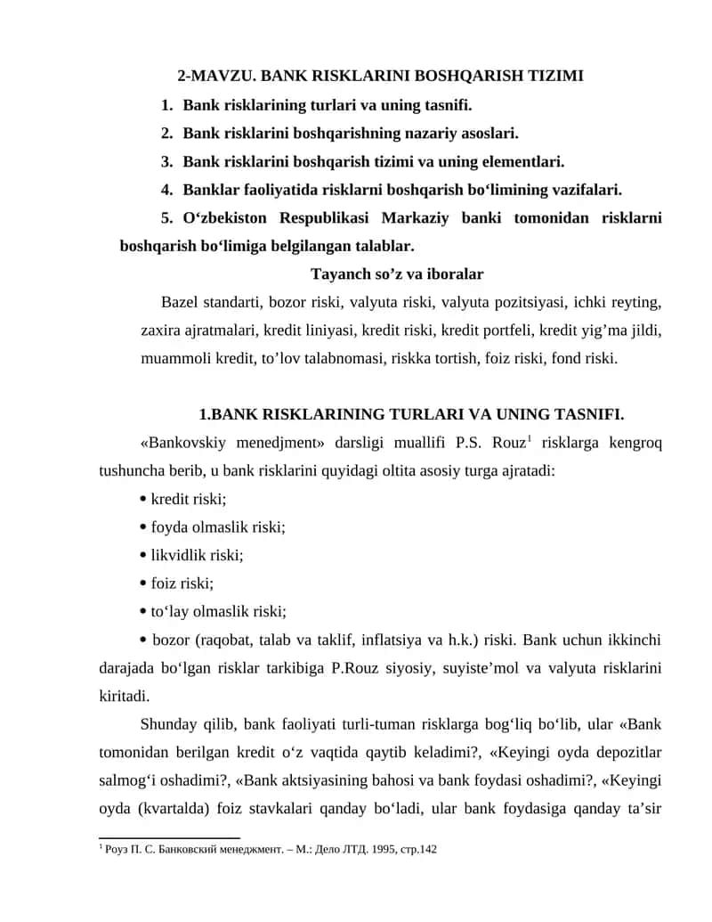 BANK RISKLARINI BOSHQARISH TIZIMI