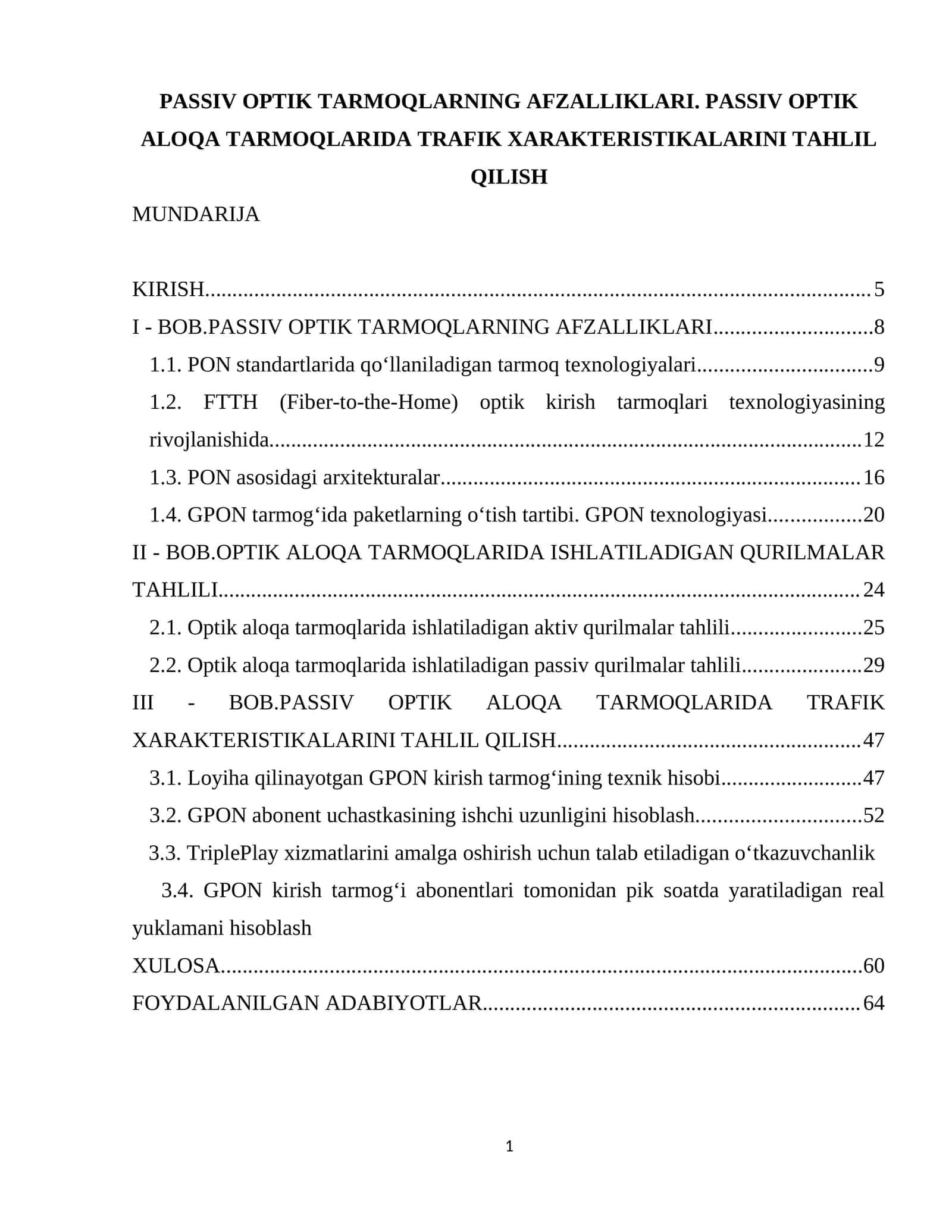 PASSIV OPTIK TARMOQLARNING AFZALLIKLARI. PASSIV OPTIK ALOQA TARMOQLARIDA TRAFIK XARAKTERISTIKALARINI TAHLIL QILISH