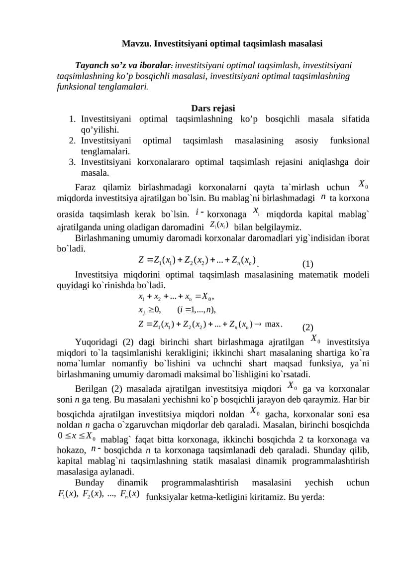 Investitsiyani optimal taqsimlash masalasi