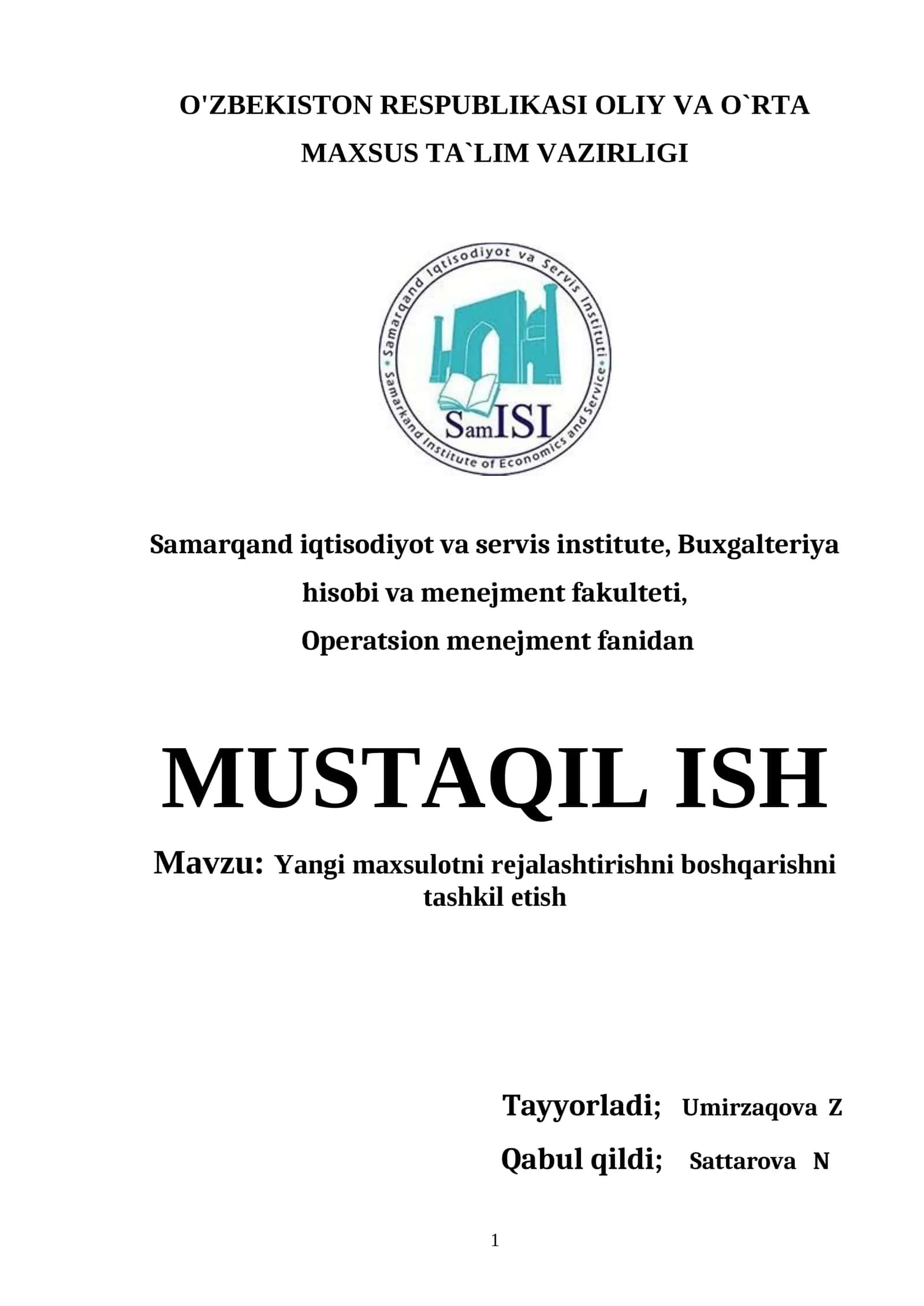 Yangi maxsulotni rejalashtirishni boshqarishni tashkil etish