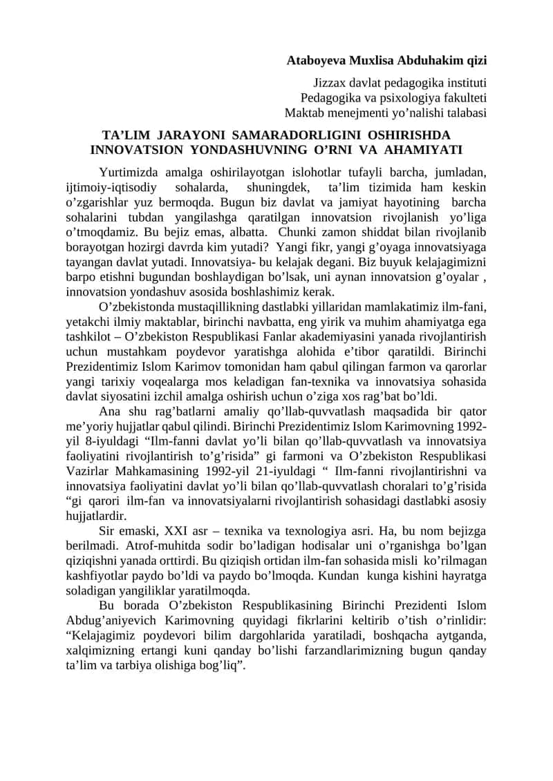 TA’LIM JARAYONI SAMARADORLIGINI OSHIRISHDA INNOVATSION YONDASHUVNING O’RNI VA AHAMIYATI
