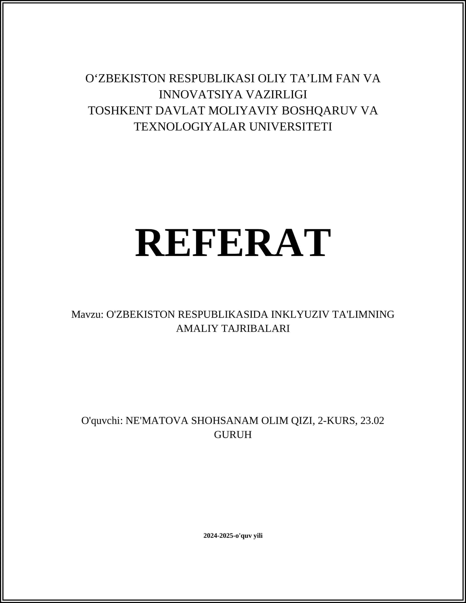 O'ZBEKISTON RESPUBLIKASIDA INKLYUZIV TA'LIMNING AMALIY TAJRIBALARI