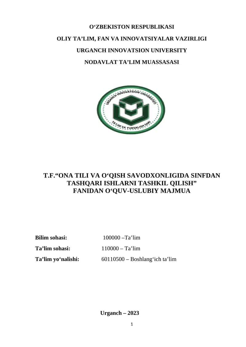 T.F.“ONA TILI va o‘qish savodxonligida SINFDAN TASHQARI ISHLARNI TASHKIL QILISH”