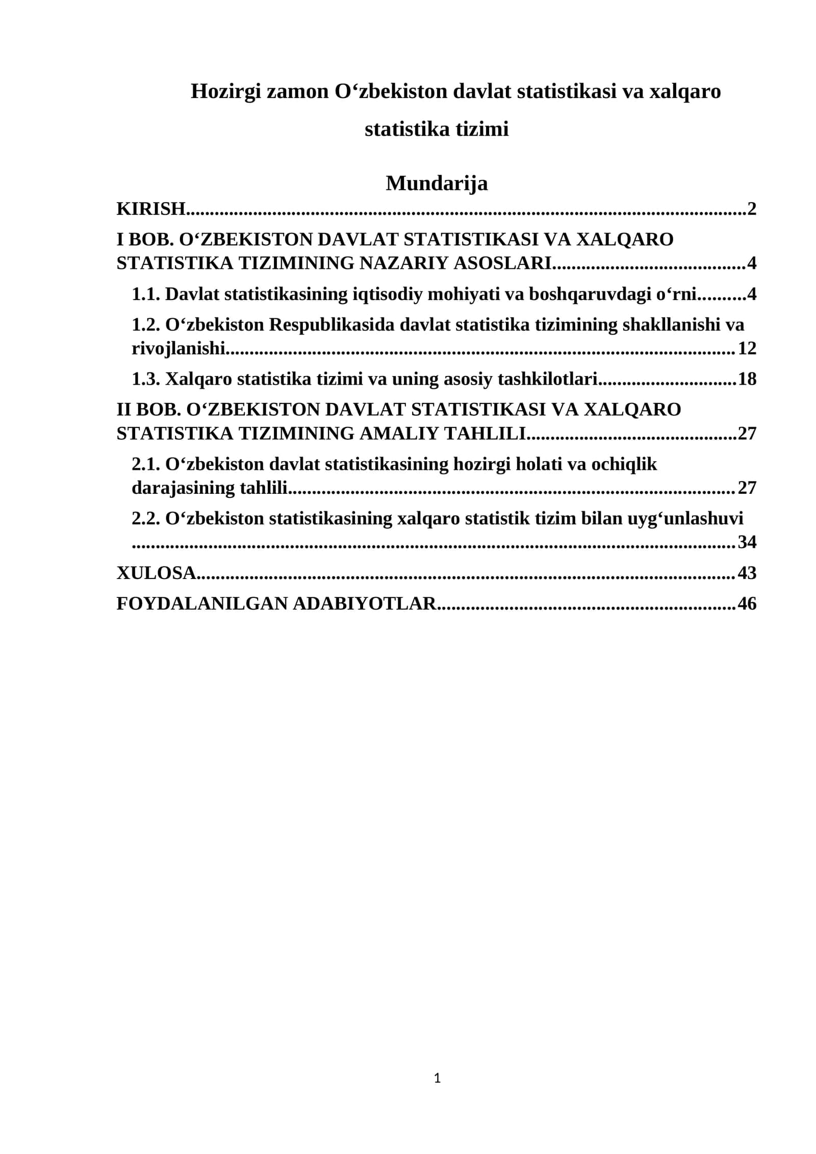 Hozirgi zamon O‘zbekiston davlat statistikasi va xalqaro statistika tizimi