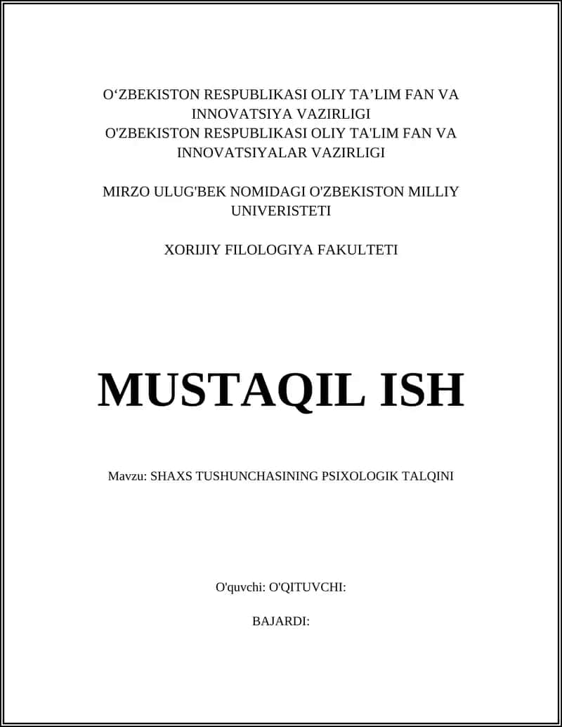 SHAXS TUSHUNCHASINING PSIXOLOGIK TALQINI