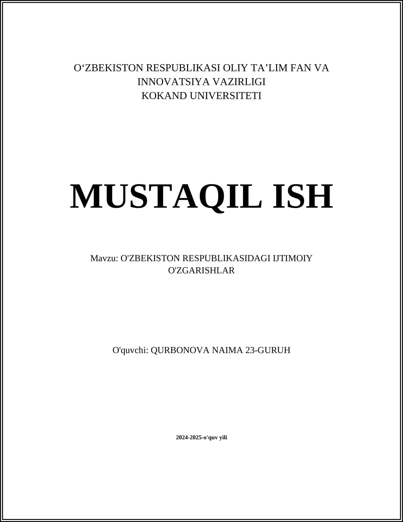 O'ZBEKISTON RESPUBLIKASIDAGI IJTIMOIY O'ZGARISHLAR