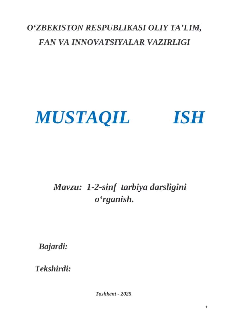 1-2-sinf tarbiya darsligini oʻrganish