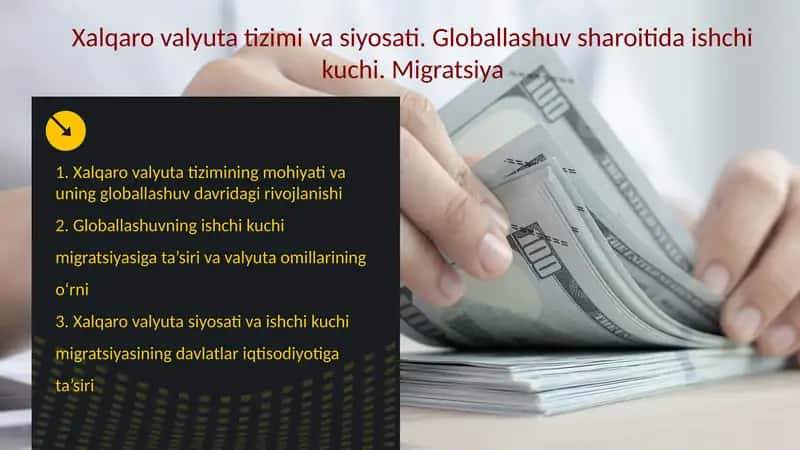 Xalqaro valyuta tizimi va siyosati. Globallashuv sharoitida ishchi kuchi. Migratsiya