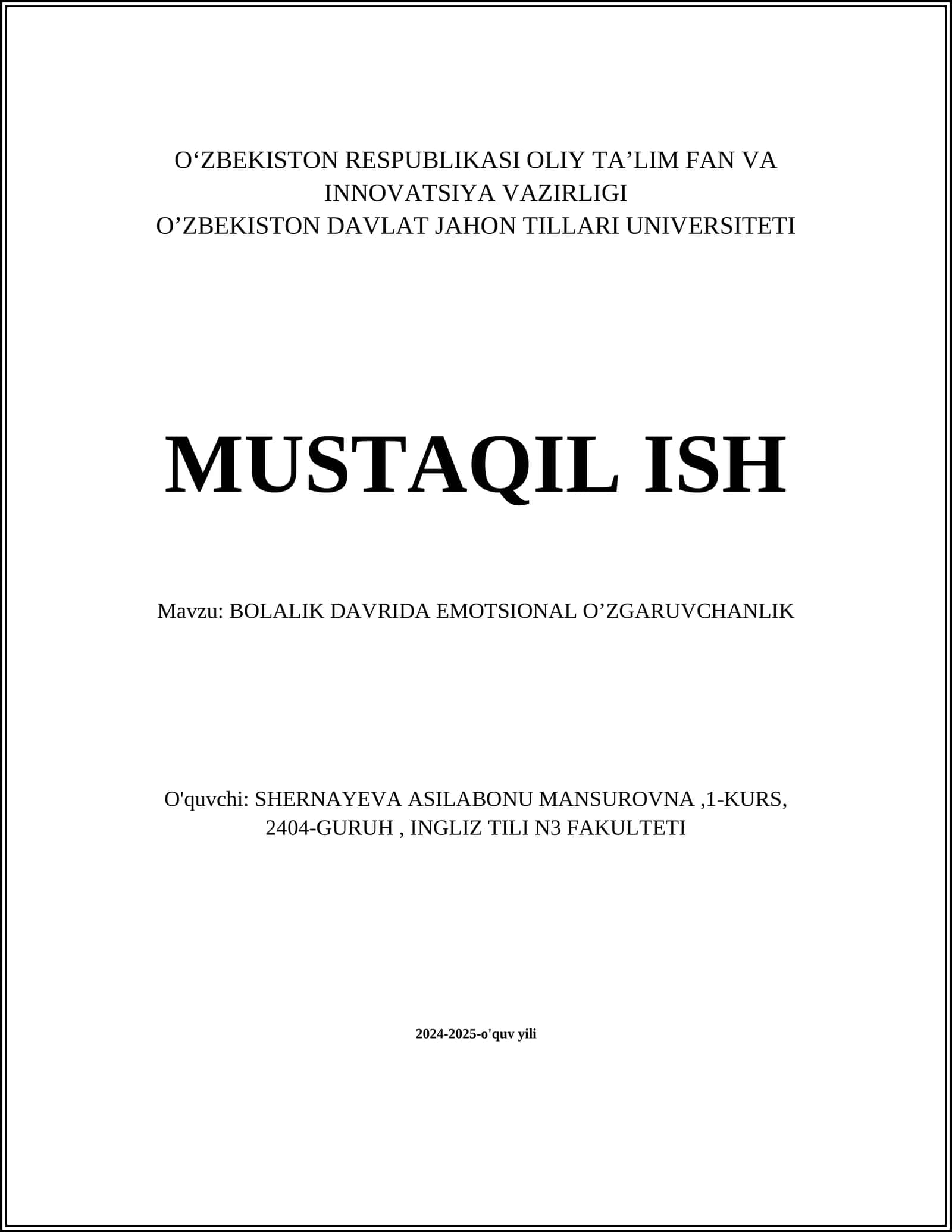 BOLALIK DAVRIDA EMOTSIONAL O’ZGARUVCHANLIK