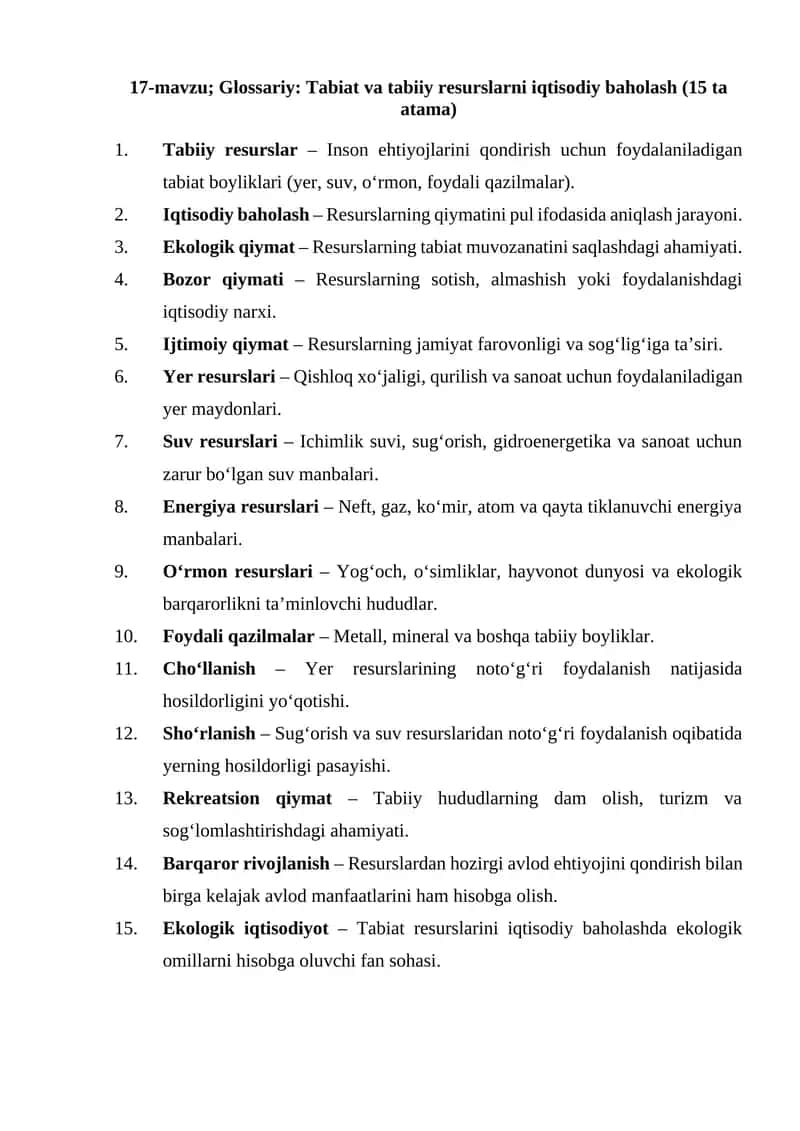Glossariy: Tabiat va tabiiy resurslarni iqtisodiy baholash