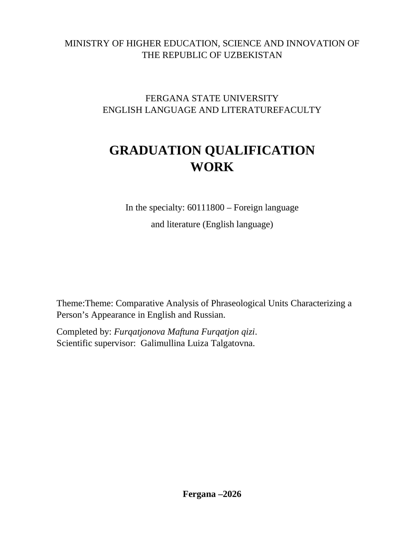 Comparative Analysis of Phraseological Units Characterizing a Person’s Appearance in English and Russian