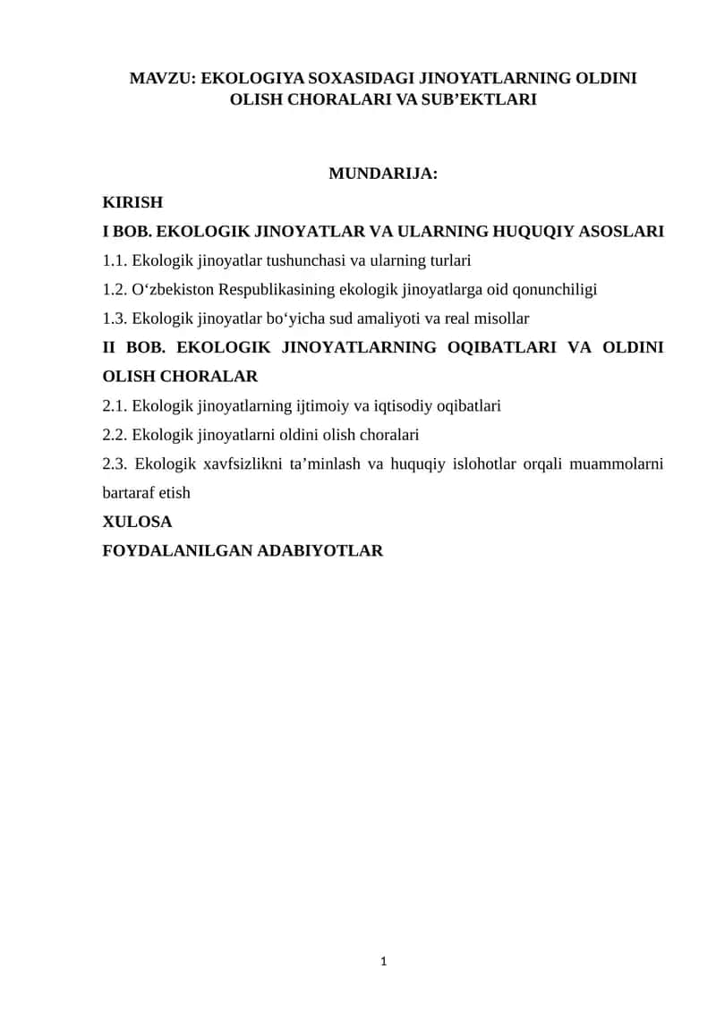 EKOLOGIYA SOXASIDAGI JINOYATLARNING OLDINI OLISH CHORALARI VA SUB’EKTLARI