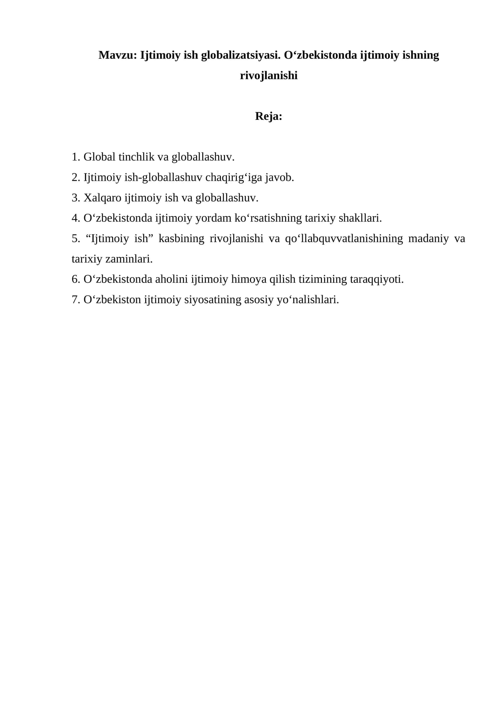 Ijtimoiy ish globalizatsiyasi. O‘zbekistonda ijtimoiy ishning rivojlanishi