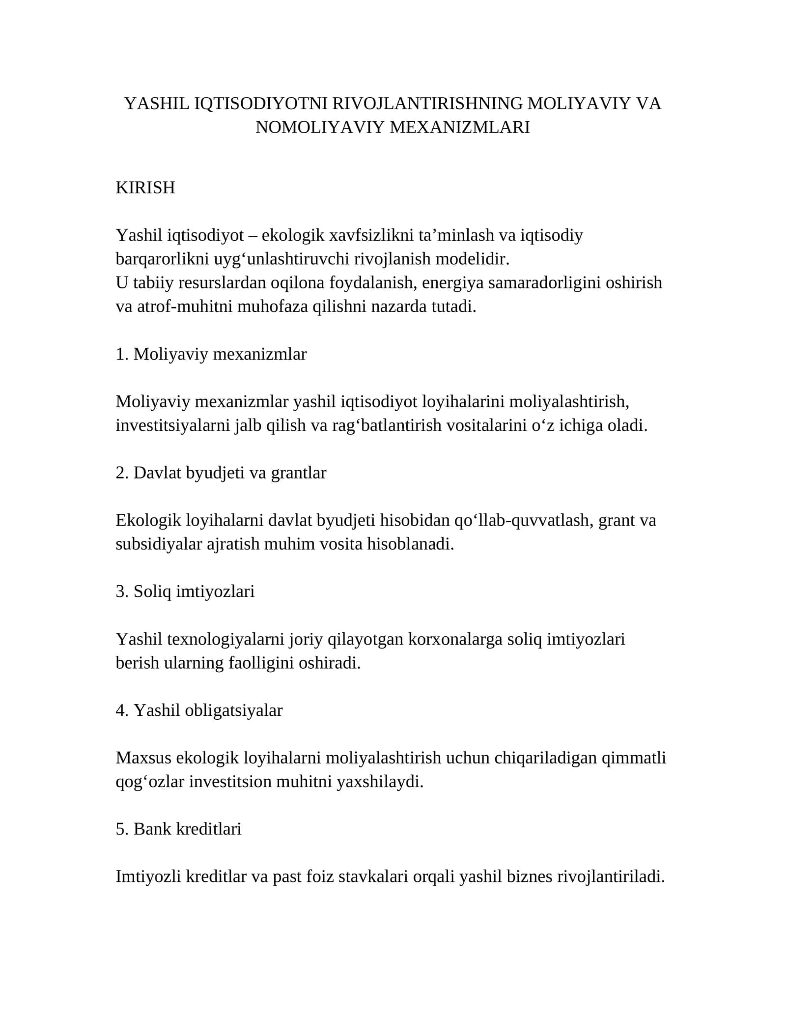 YASHIL IQTISODIYOTNI RIVOJLANTIRISHNING MOLIYAVIY VA NOMOLIYAVIY MEXANIZMLARI
