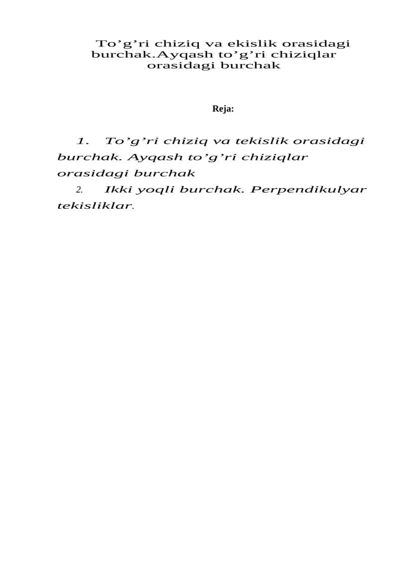 To’g’ri chiziq va tekislik orasidagi burchak