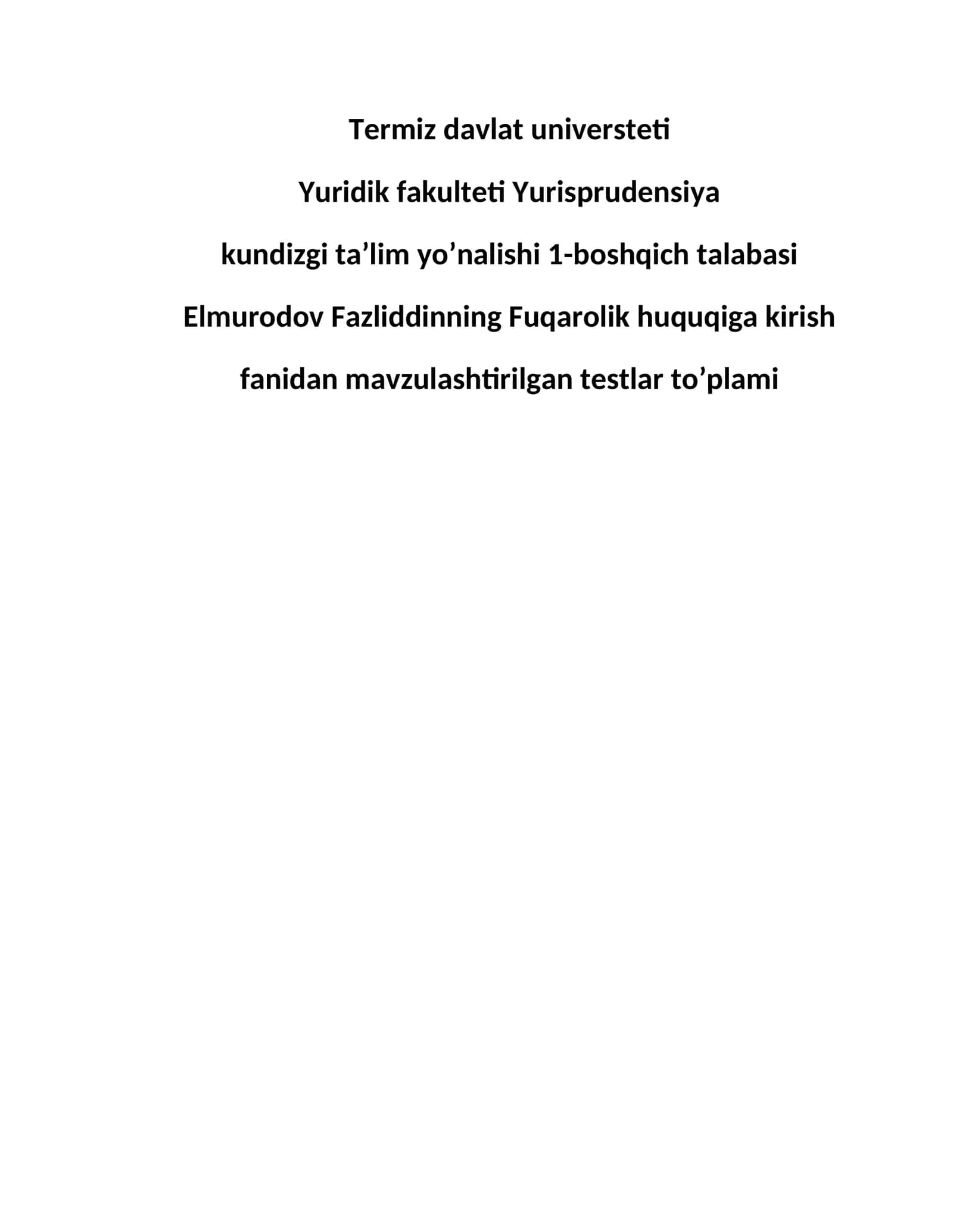 Fuqarolik Huquqiga Kirish Fanidan Testlar
