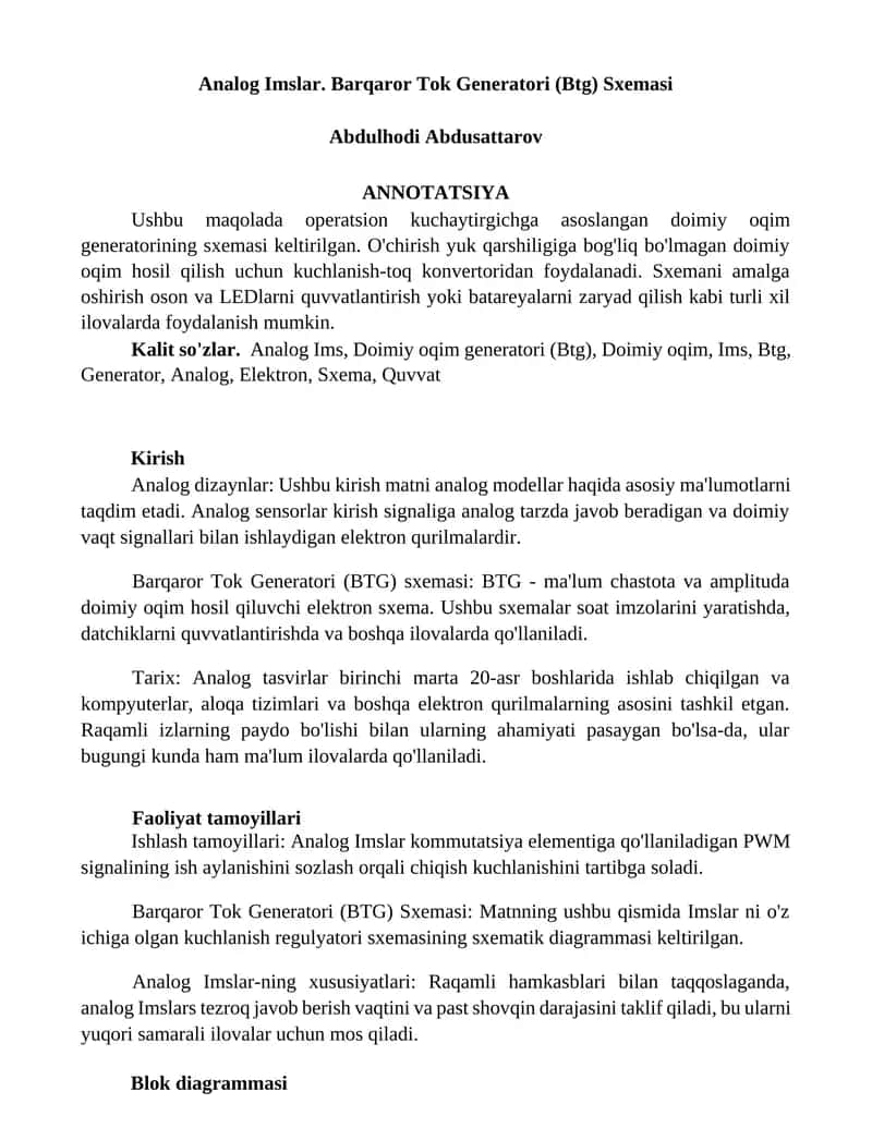 Barqaror Tok Generatori (Btg) Sxemasi