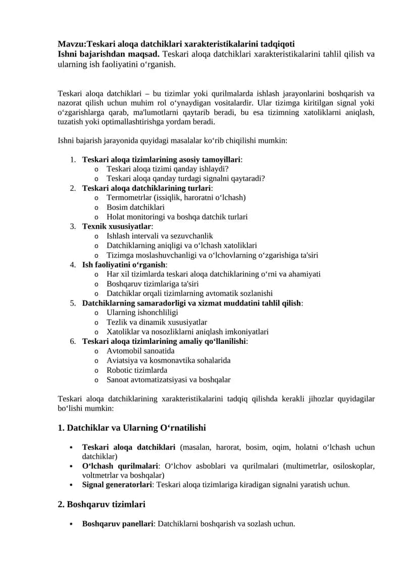 Teskari aloqa datchiklari xarakteristikalarini tadqiqoti